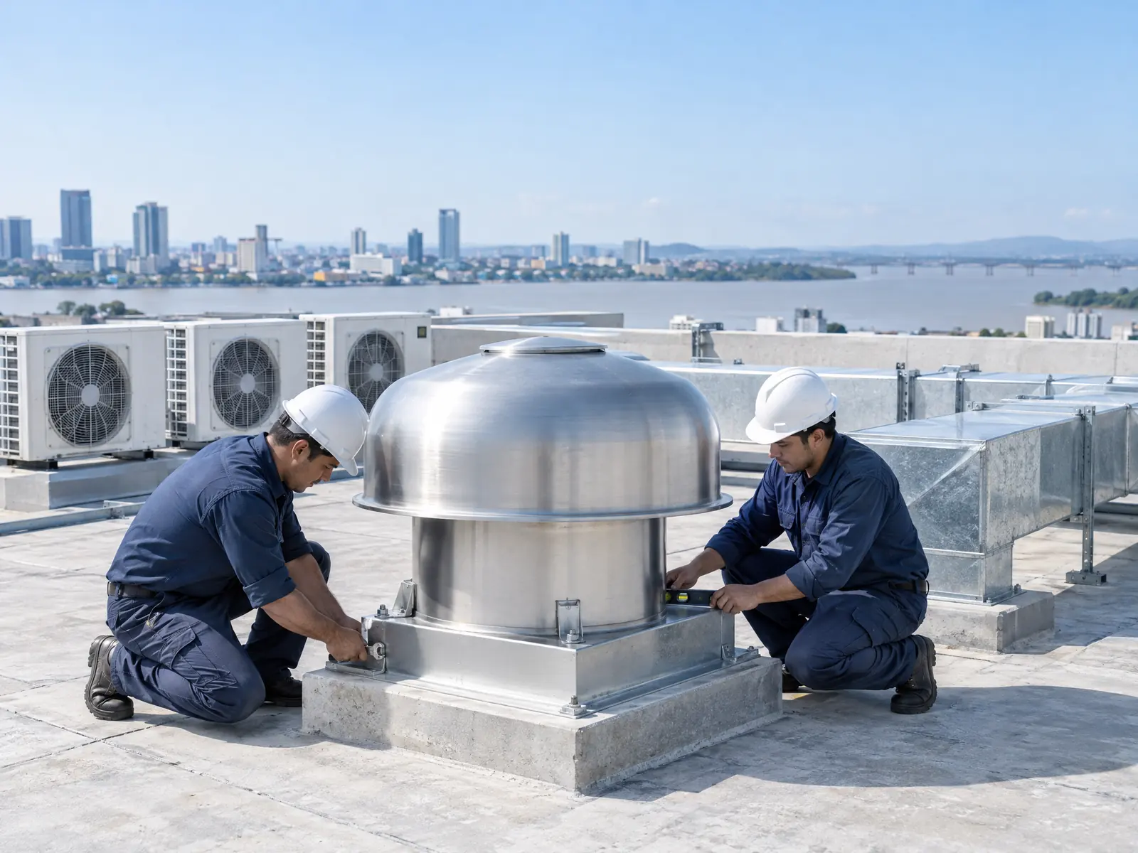 Dos técnicos instalan un extractor de techo junto a equipos de aire acondicionado en la terraza de un edificio